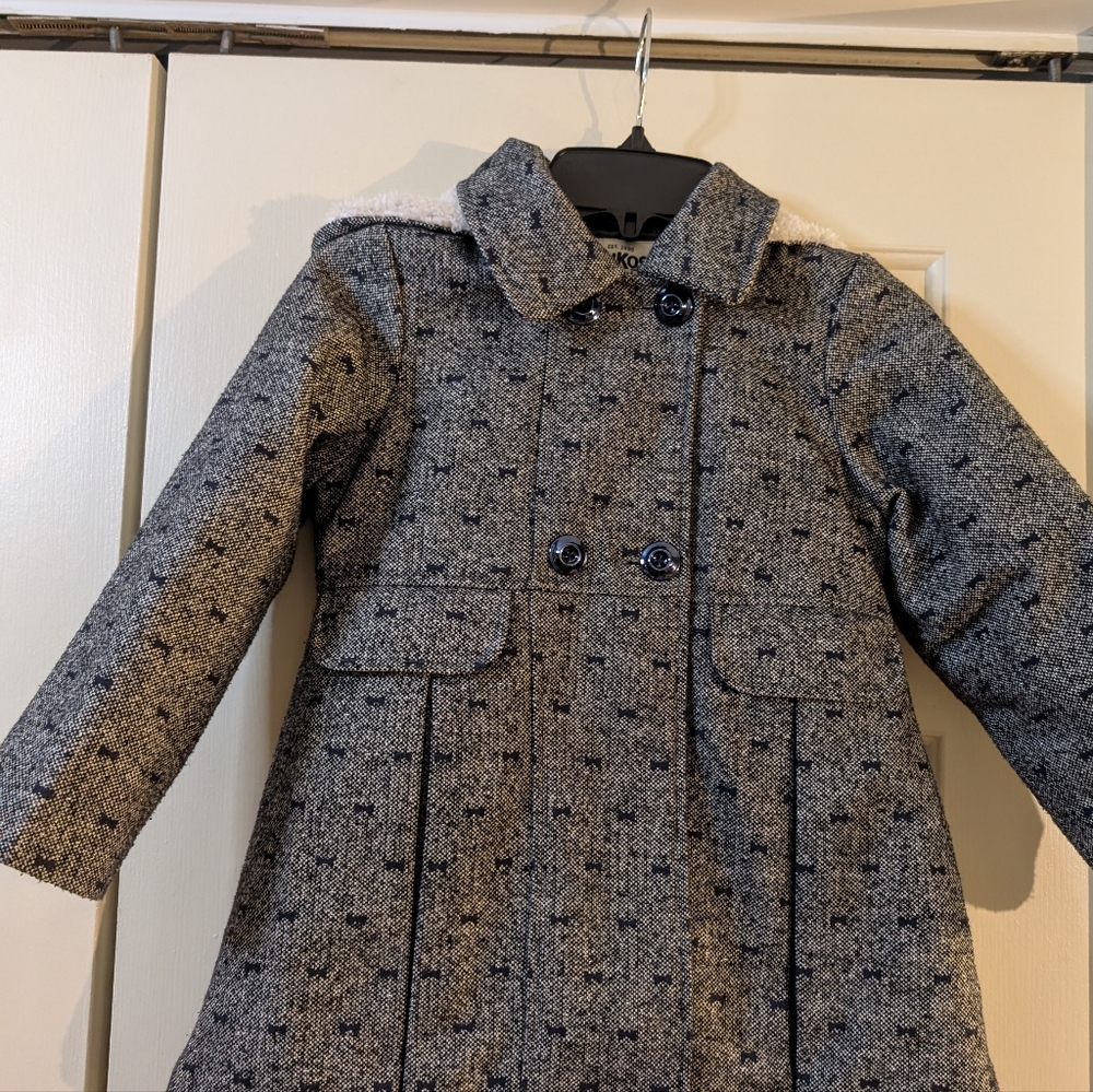 Girls Gorgeous Gray & Navy Bow Patterned Double-Breasted Coat Size 6